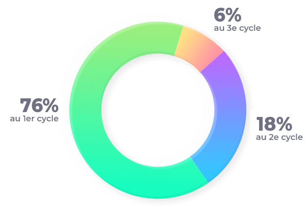 80 % des étudiants sont inscrits au premier cycle, 15 % au deuxième cycle et 5 % au 3e cycle.